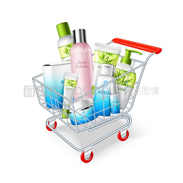 配有化妆品和卫生用品的超市购物车